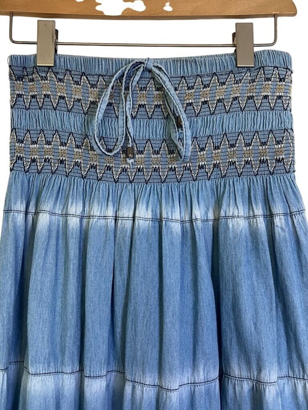 Boho Indigo Lace Womens Sz S Broomstick Maxi Skirt Smocked Tiered Embroidered - Picture 4 of 14